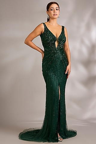 Emerald Green Italian Tulle Embellished Gown by Bhawna Rao