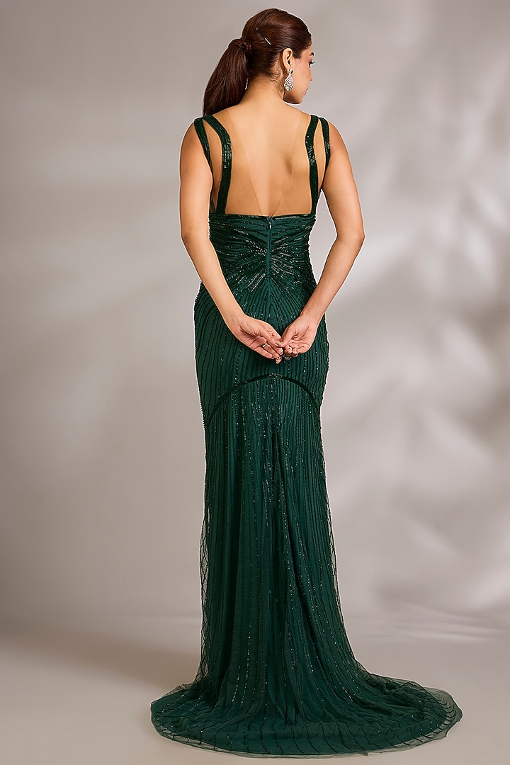 Emerald Green Italian Tulle Embellished Wedding Gown by Bhawna Rao at Pernia's Pop Up Shop