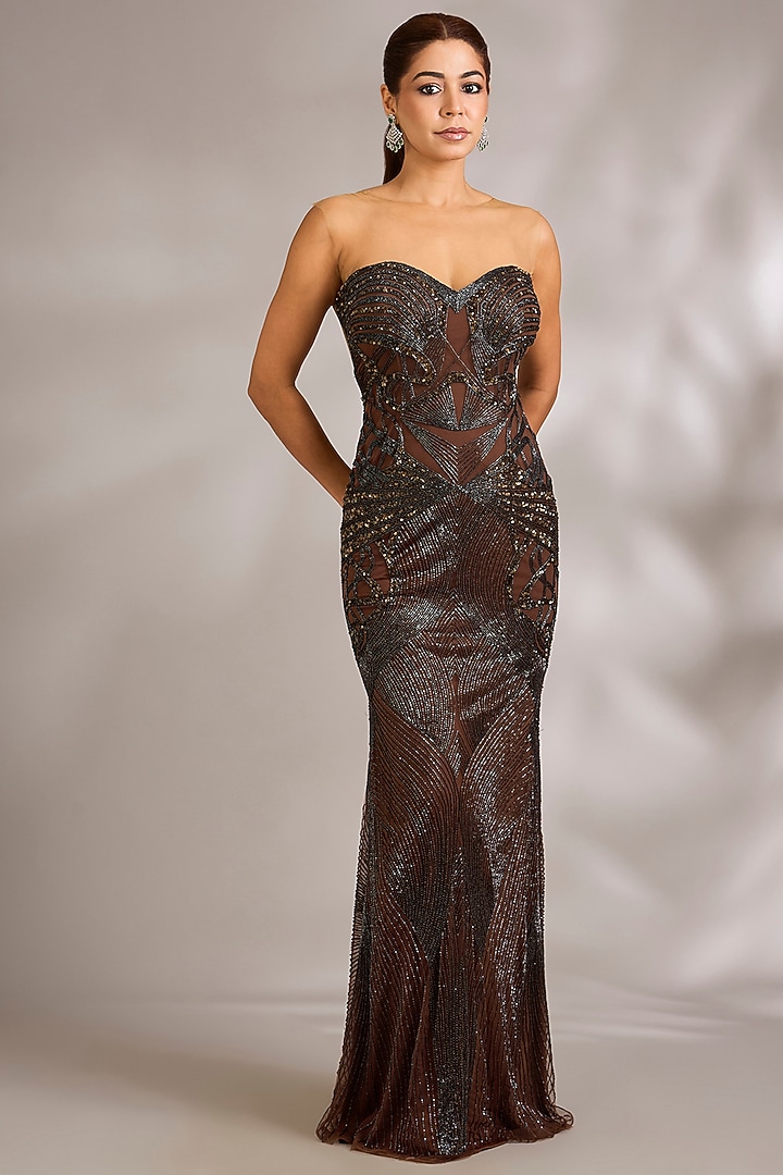 Copper Italian Tulle Embellished Wedding Gown by Bhawna Rao at Pernia's Pop Up Shop