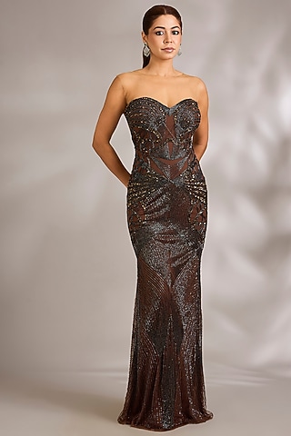 Copper Italian Tulle Embellished Gown by Bhawna Rao