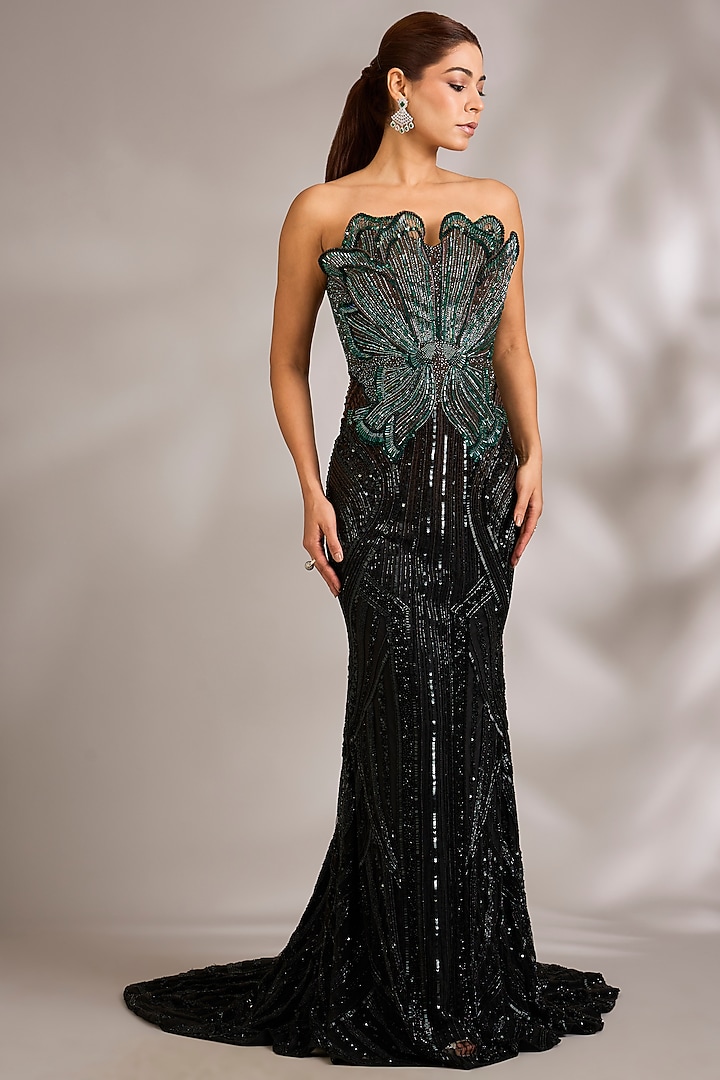 Teal & Black Italian Tulle Embellished Wedding Gown by Bhawna Rao at Pernia's Pop Up Shop