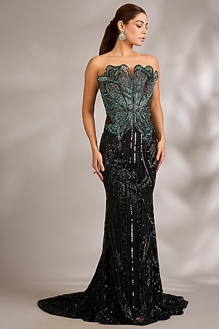 Teal & Black Italian Tulle Embellished Gown by Bhawna Rao