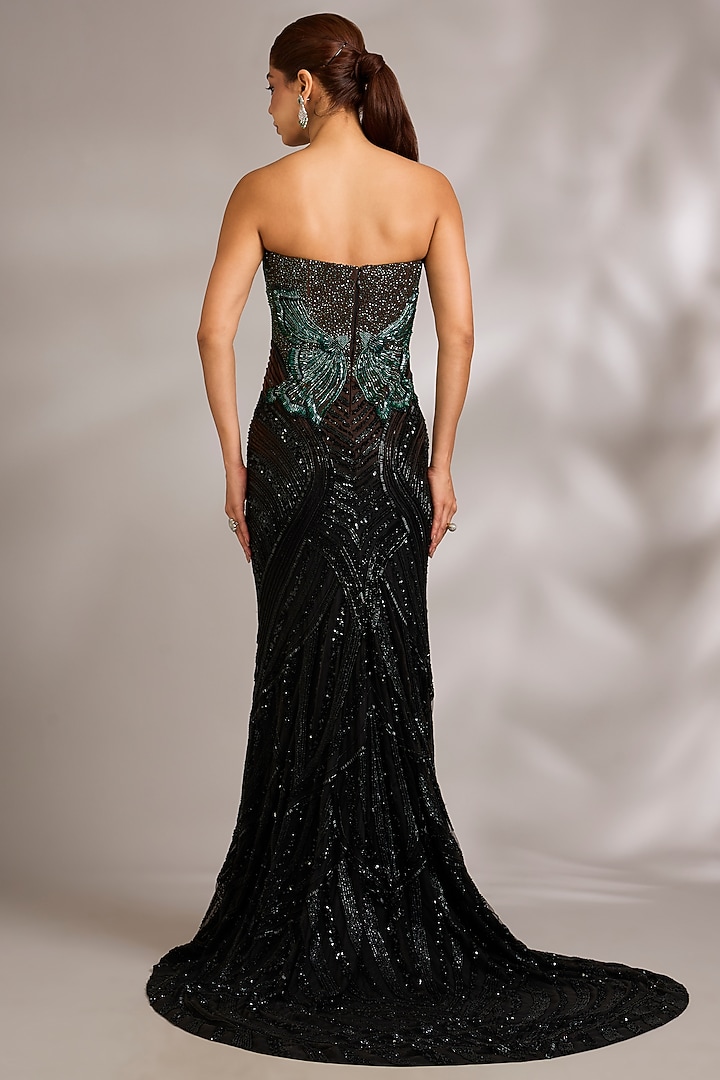 Teal & Black Italian Tulle Embellished Wedding Gown by Bhawna Rao at Pernia's Pop Up Shop