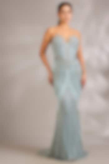 Powder Blue Italian Tulle Embellished Wedding Gown by Bhawna Rao at Pernia's Pop Up Shop