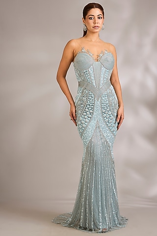 Powder Blue Italian Tulle Embellished Gown by Bhawna Rao