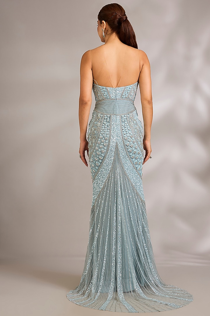 Powder Blue Italian Tulle Embellished Wedding Gown by Bhawna Rao at Pernia's Pop Up Shop