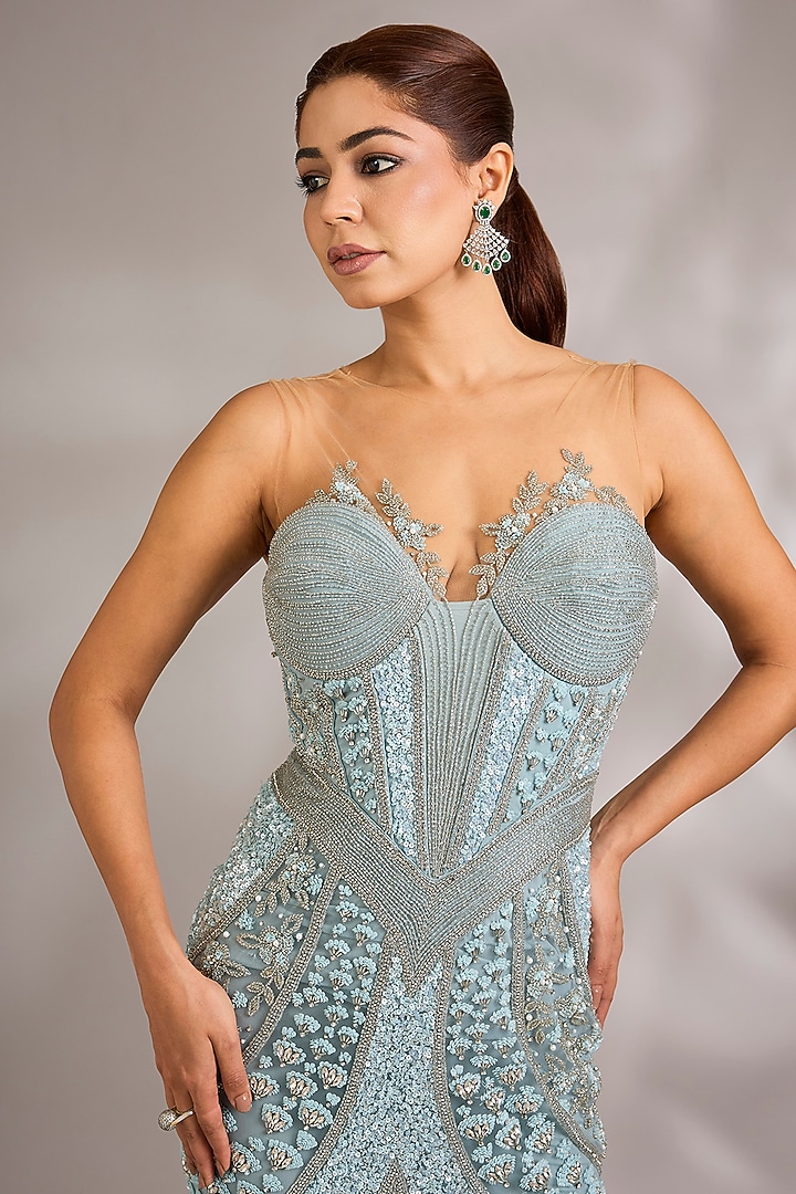 Powder Blue Italian Tulle Embellished Wedding Gown by Bhawna Rao at Pernia's Pop Up Shop