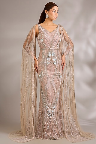 Lavender Pink Italian Tulle Embellished Gown by Bhawna Rao