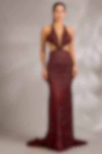 Ruby Red Italian Tulle Embellished Bridal Gown by Bhawna Rao at Pernia's Pop Up Shop