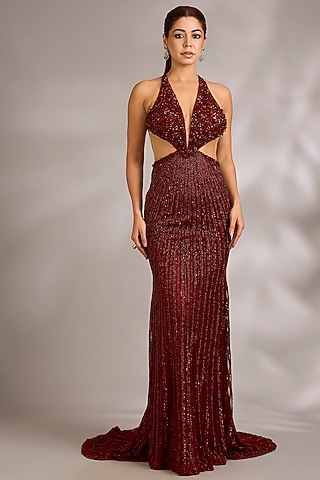 Ruby Red Italian Tulle Embellished Gown by Bhawna Rao