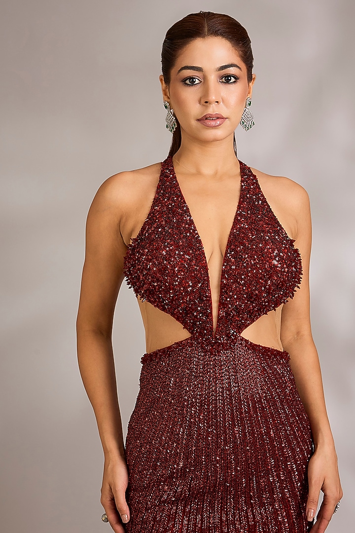 Ruby Red Italian Tulle Embellished Bridal Gown by Bhawna Rao at Pernia's Pop Up Shop