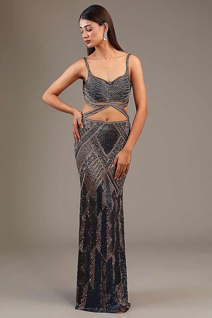 Midnight Blue & Antique Gold Italian Tulle Hand Embroidered Gown by Bhawna Rao