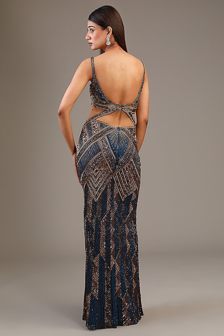 Midnight Blue & Antique Gold Italian Tulle Hand Embroidered Wedding Gown by Bhawna Rao at Pernia's Pop Up Shop