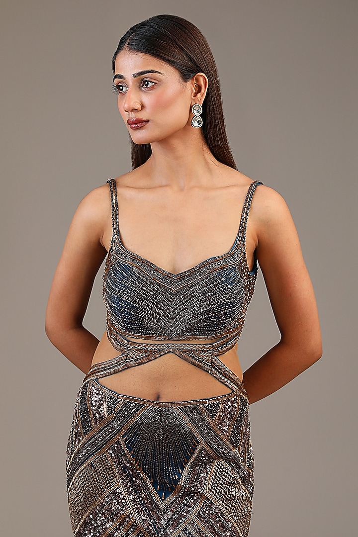 Midnight Blue & Antique Gold Italian Tulle Hand Embroidered Wedding Gown by Bhawna Rao at Pernia's Pop Up Shop