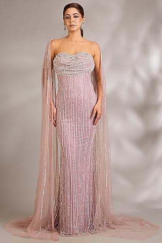 Blush Pink Italian Tulle Embellished Gown by Bhawna Rao