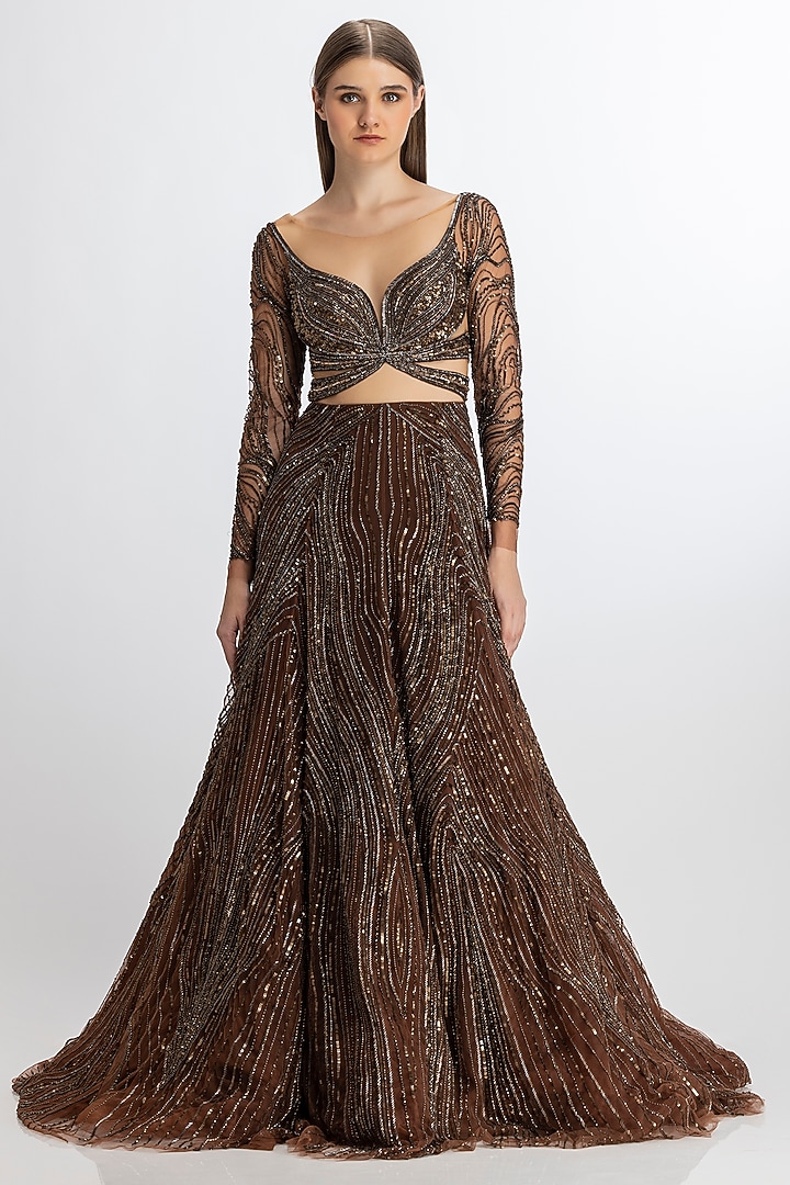 Copper Italian Tulle Hand Embroidered Cut-Out Flared Bridal Gown by Bhawna Rao at Pernia's Pop Up Shop