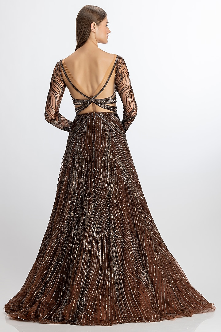 Copper Italian Tulle Hand Embroidered Cut-Out Flared Bridal Gown by Bhawna Rao at Pernia's Pop Up Shop