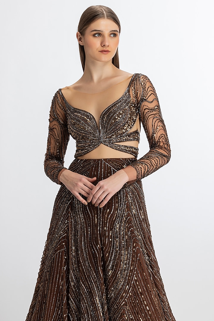 Copper Italian Tulle Hand Embroidered Cut-Out Flared Bridal Gown by Bhawna Rao at Pernia's Pop Up Shop