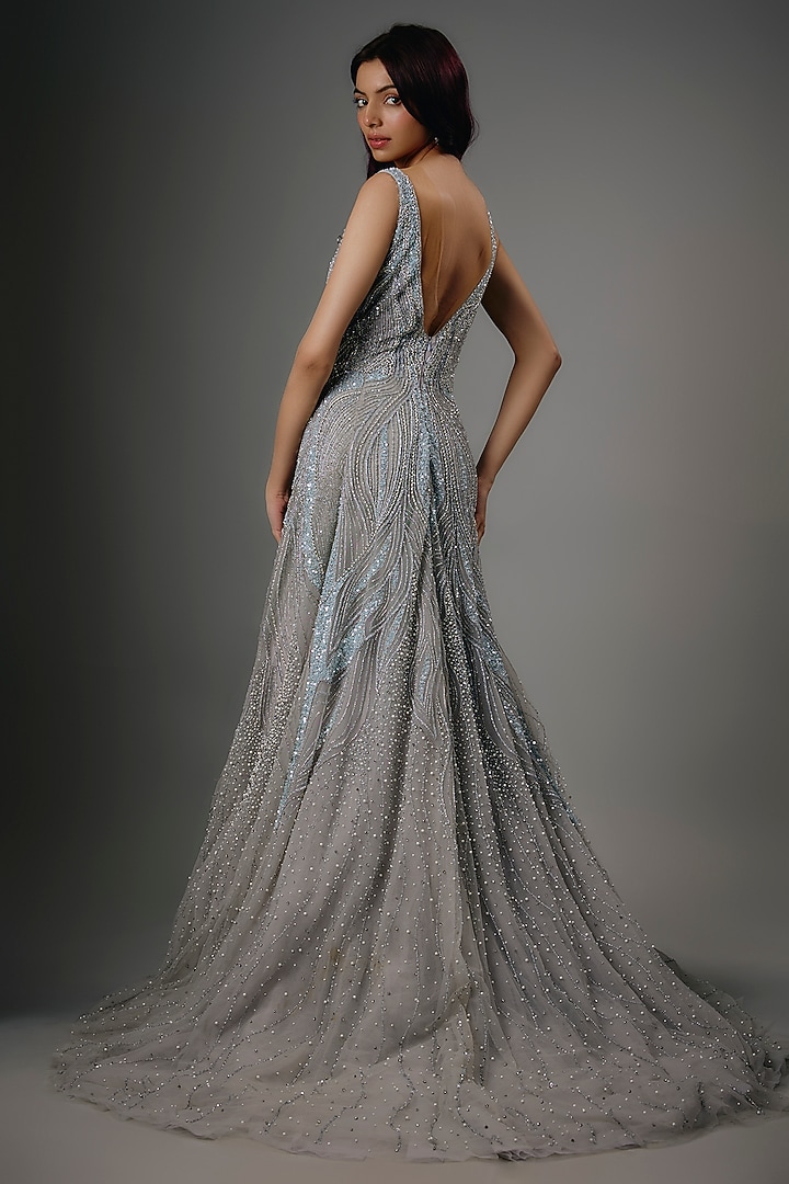 Blue Italian Tulle Beads & Crystal Hand Embroidered Flared Bridal Gown by Bhawna Rao at Pernia's Pop Up Shop