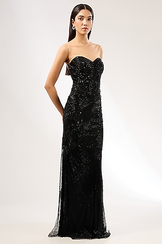 Black Italian Tulle Hand Embroidered Gown by Bhawna Rao