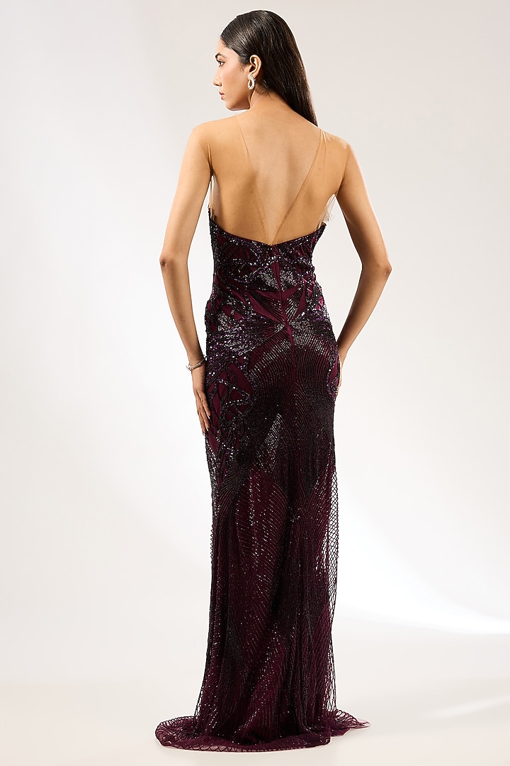 Aubergine Italian Tulle Hand Embroidered Wedding Gown by Bhawna Rao at Pernia's Pop Up Shop