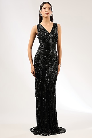 Black Italian Tulle Hand Embroidered Gown by Bhawna Rao