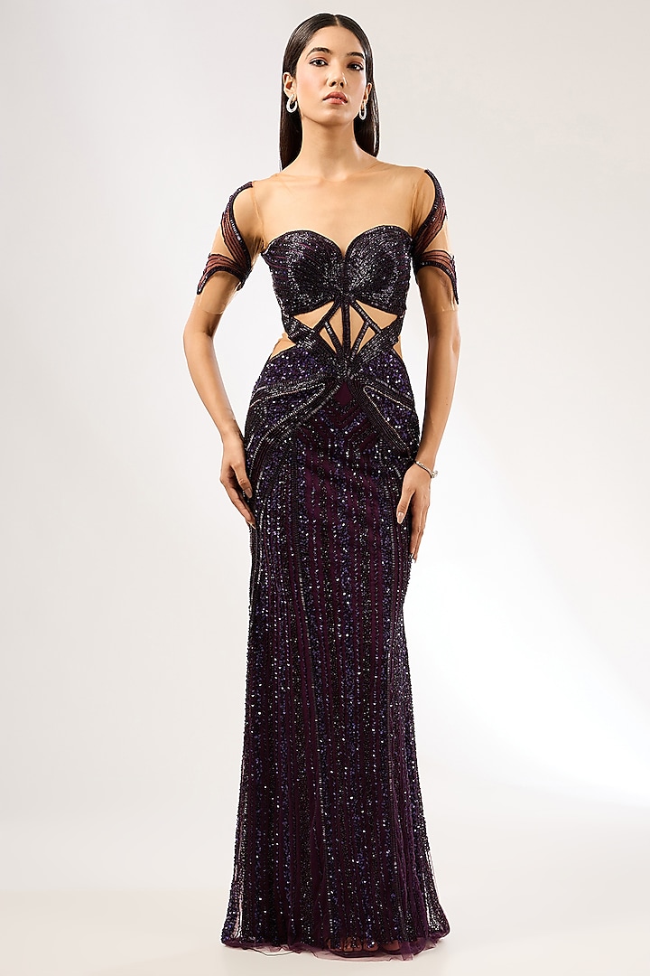 Aubergine Italian Tulle Hand Embroidered Gown by Bhawna Rao at Pernia's Pop Up Shop