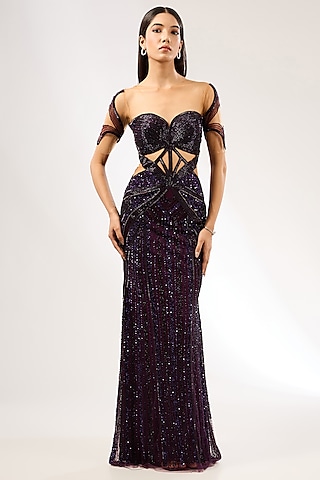 Aubergine Italian Tulle Hand Embroidered Gown by Bhawna Rao