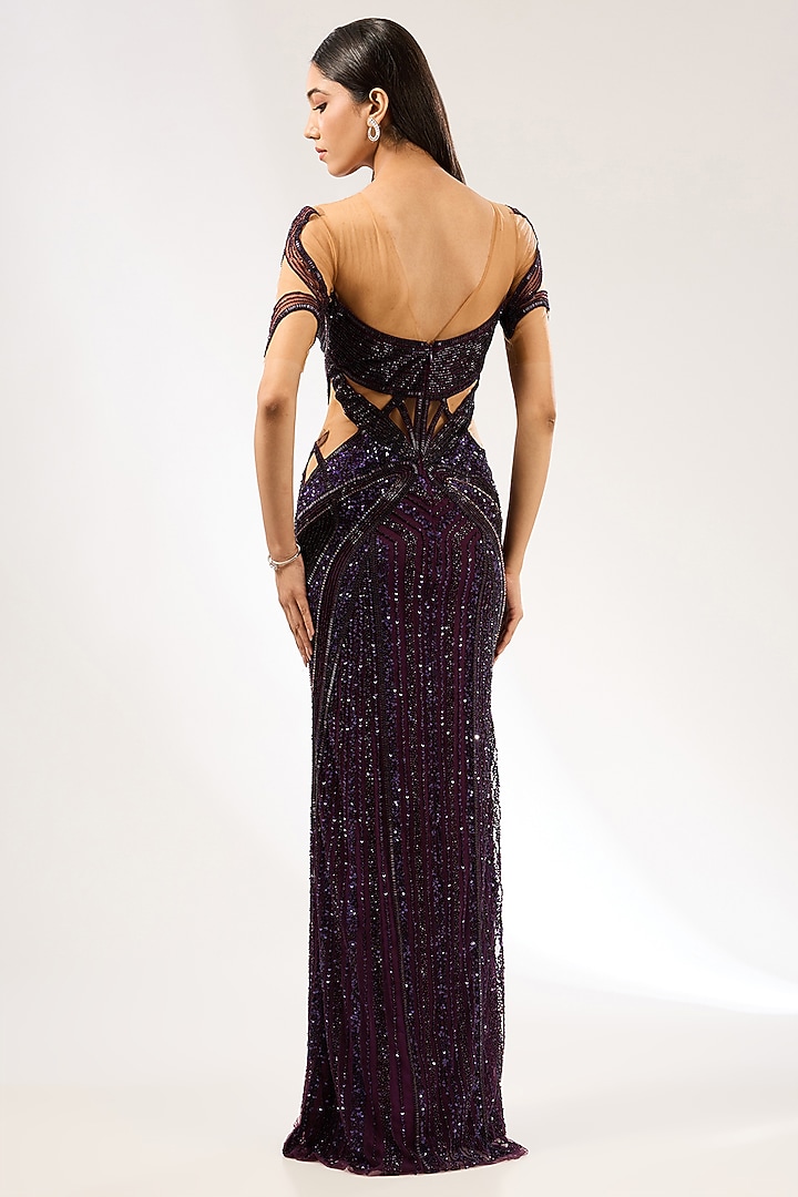 Aubergine Italian Tulle Hand Embroidered Wedding Gown by Bhawna Rao at Pernia's Pop Up Shop