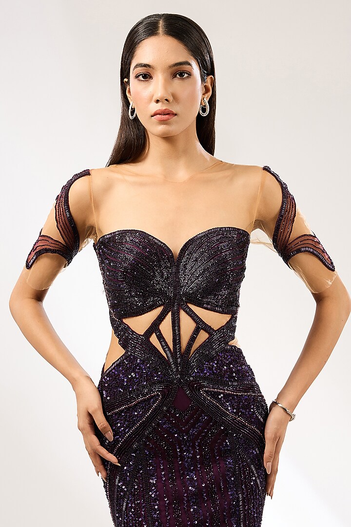 Aubergine Italian Tulle Hand Embroidered Wedding Gown by Bhawna Rao at Pernia's Pop Up Shop