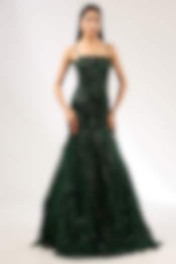 Emerald Green Italian Tulle Hand Embroidered Gown by Bhawna Rao