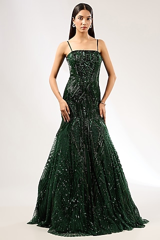 Emerald Green Italian Tulle Hand Embroidered Gown by Bhawna Rao