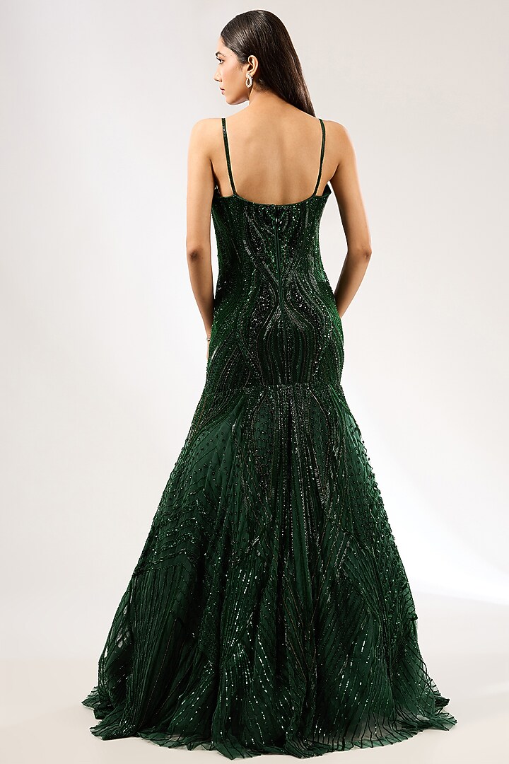 Emerald Green Italian Tulle Hand Embroidered Bridal Gown by Bhawna Rao at Pernia's Pop Up Shop