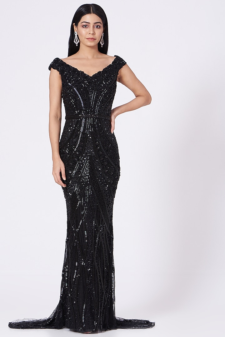 Black Hand Embroidered Gown by Bhawna Rao at Pernia's Pop Up Shop