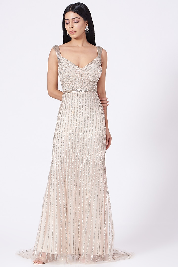 Nude Pink Hand Embroidered Gown by Bhawna Rao at Pernia's Pop Up Shop
