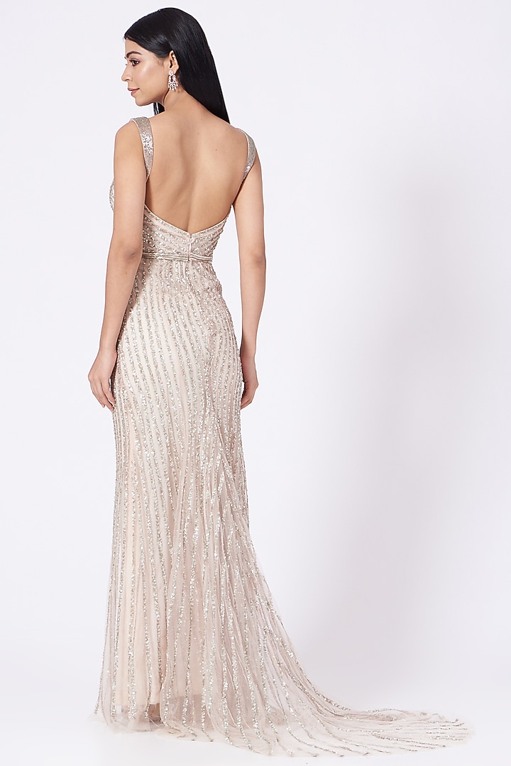 Nude Pink Hand Embroidered Gown by Bhawna Rao at Pernia's Pop Up Shop