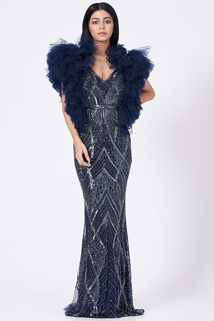 Navy Blue Hand Embroidered Gown by Bhawna Rao at Pernia's Pop Up Shop