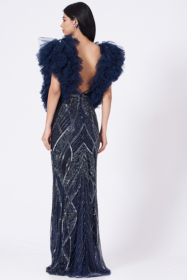 Navy Blue Hand Embroidered Gown by Bhawna Rao at Pernia's Pop Up Shop