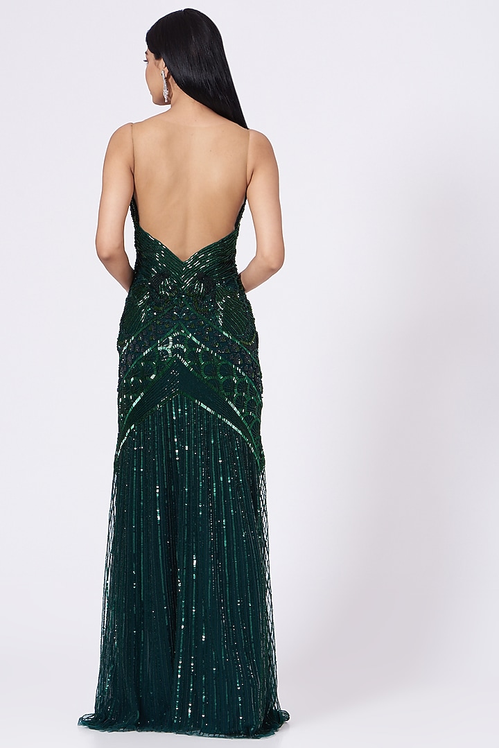 Emerald Green Hand Embroidered Gown by Bhawna Rao at Pernia's Pop Up Shop