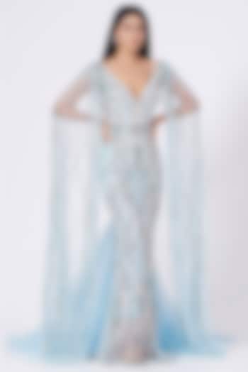 Powder Blue Hand Embroidered Gown by Bhawna Rao