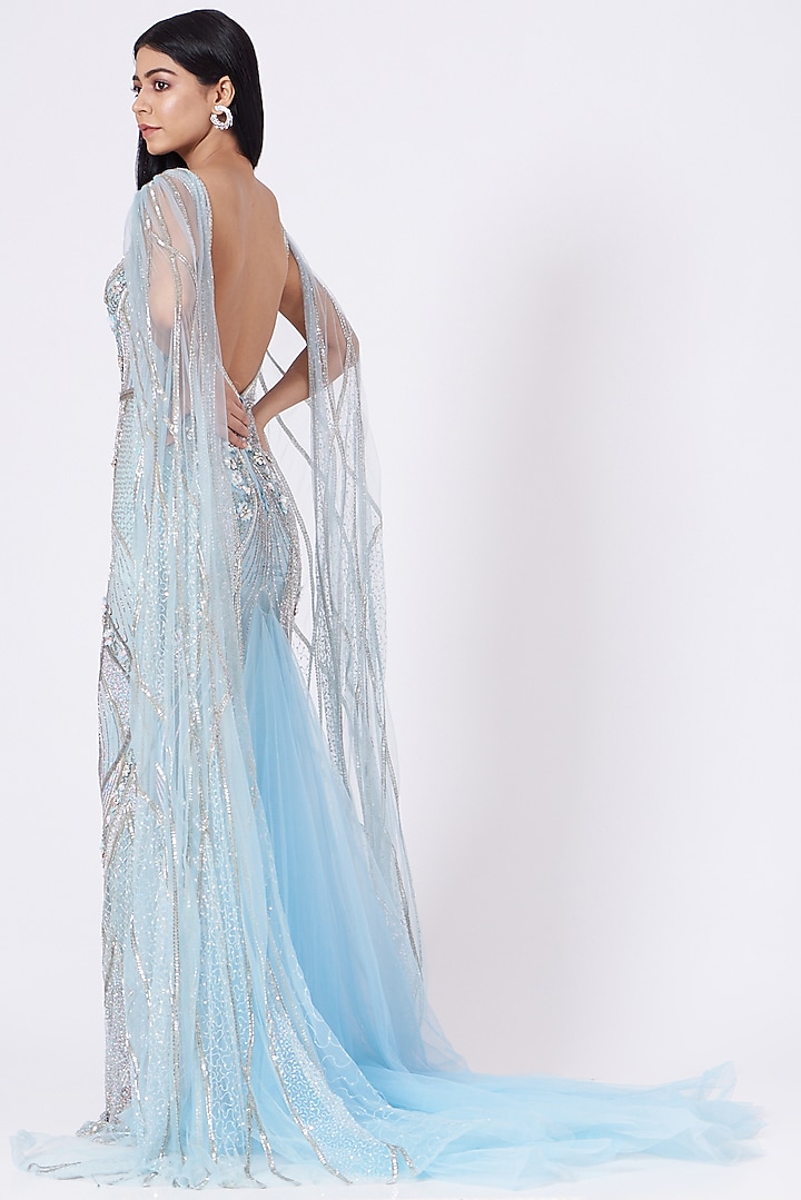 Powder Blue Hand Embroidered Gown by Bhawna Rao at Pernia's Pop Up Shop