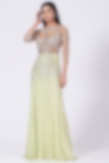 Lemon Green Hand Embroidered Gown by Bhawna Rao at Pernia's Pop Up Shop