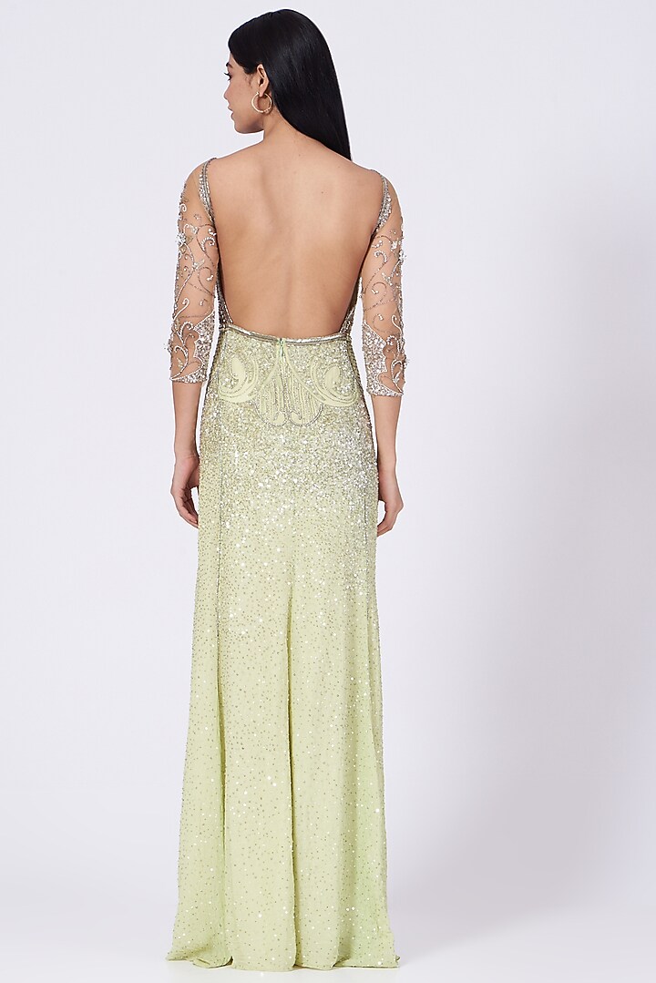 Lemon Green Hand Embroidered Gown by Bhawna Rao at Pernia's Pop Up Shop