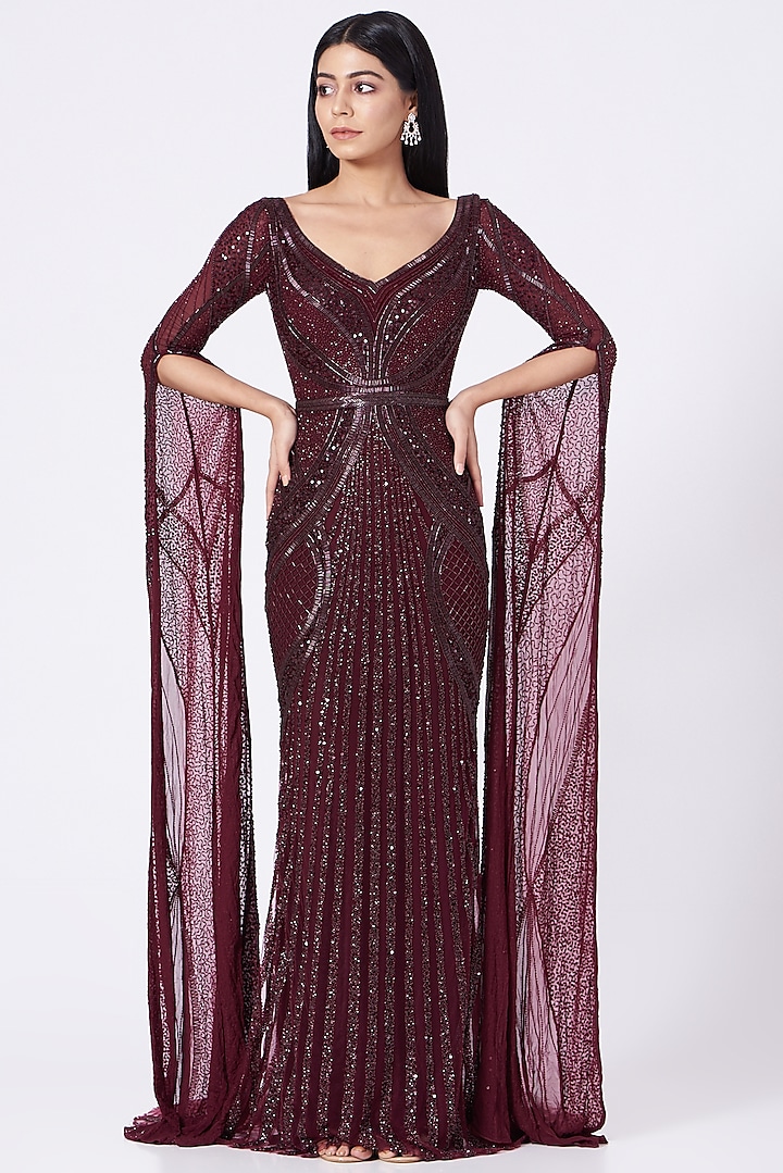 Burgundy Hand Embroidered Gown by Bhawna Rao