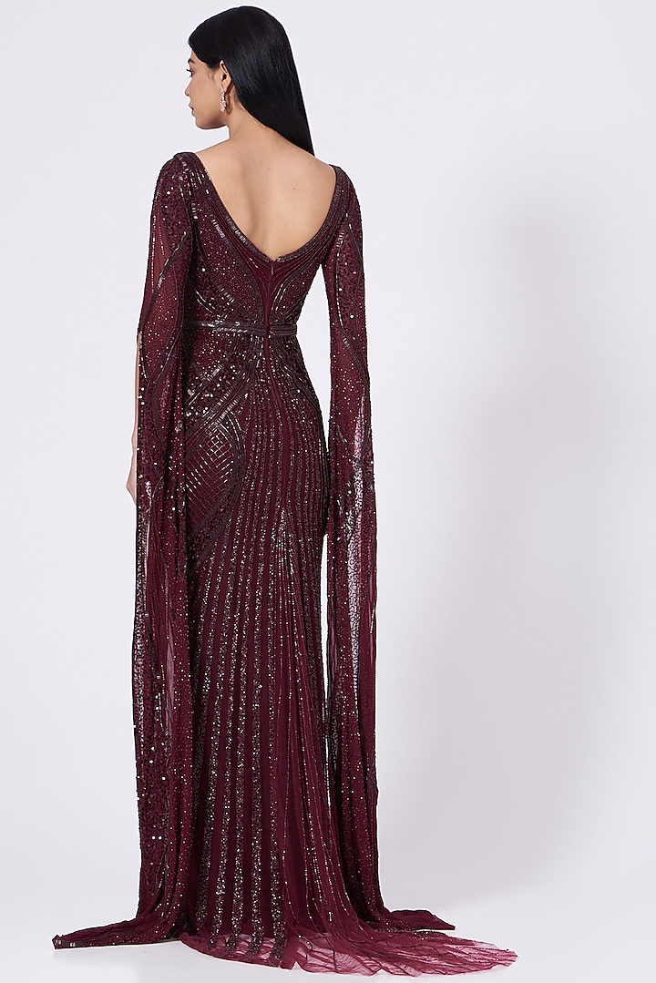 Burgundy Hand Embroidered Gown by Bhawna Rao at Pernia's Pop Up Shop