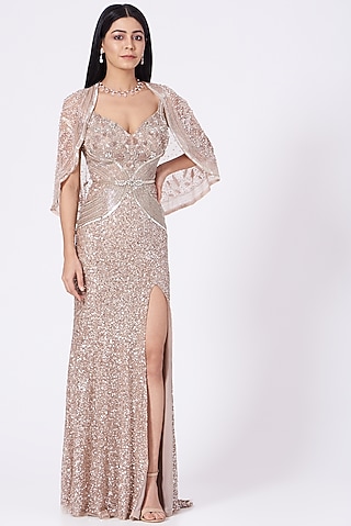 Nude Copper Hand Embroidered Gown by Bhawna Rao