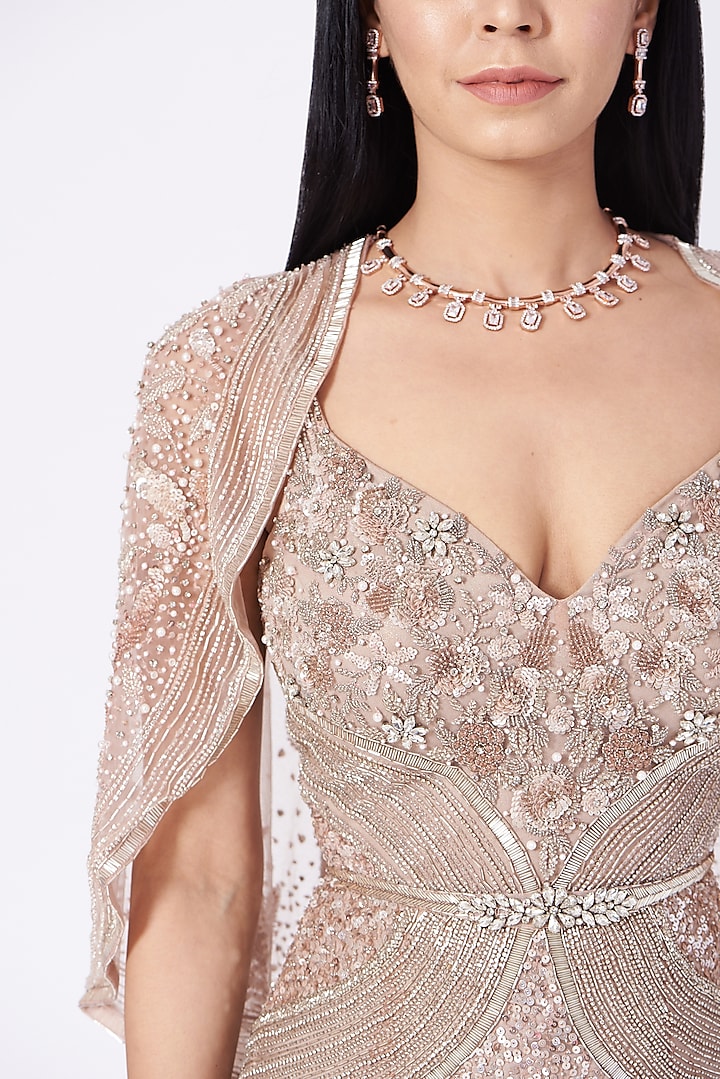 Nude Copper Hand Embroidered Gown by Bhawna Rao at Pernia's Pop Up Shop