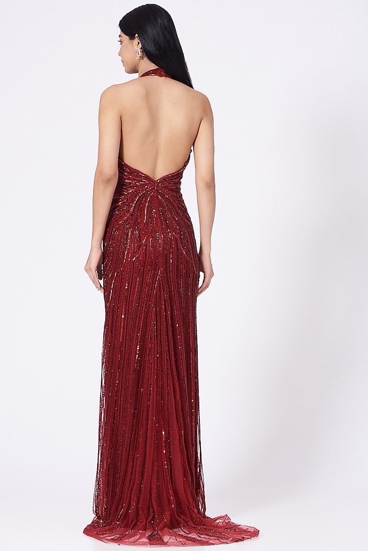 Red Crystal Hand Embroidered Gown by Bhawna Rao at Pernia's Pop Up Shop