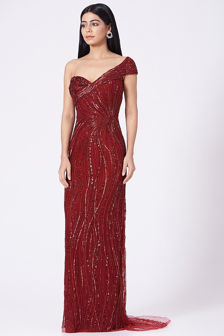 Red Hand Embroidered One-Shoulder Gown by Bhawna Rao at Pernia's Pop Up Shop