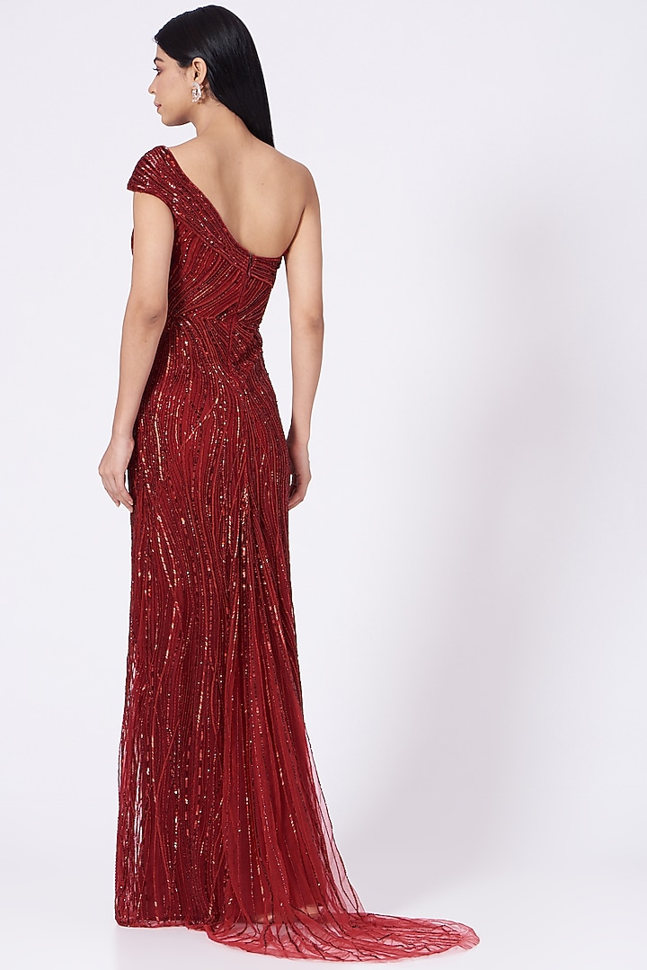 Red Hand Embroidered One-Shoulder Gown by Bhawna Rao at Pernia's Pop Up Shop